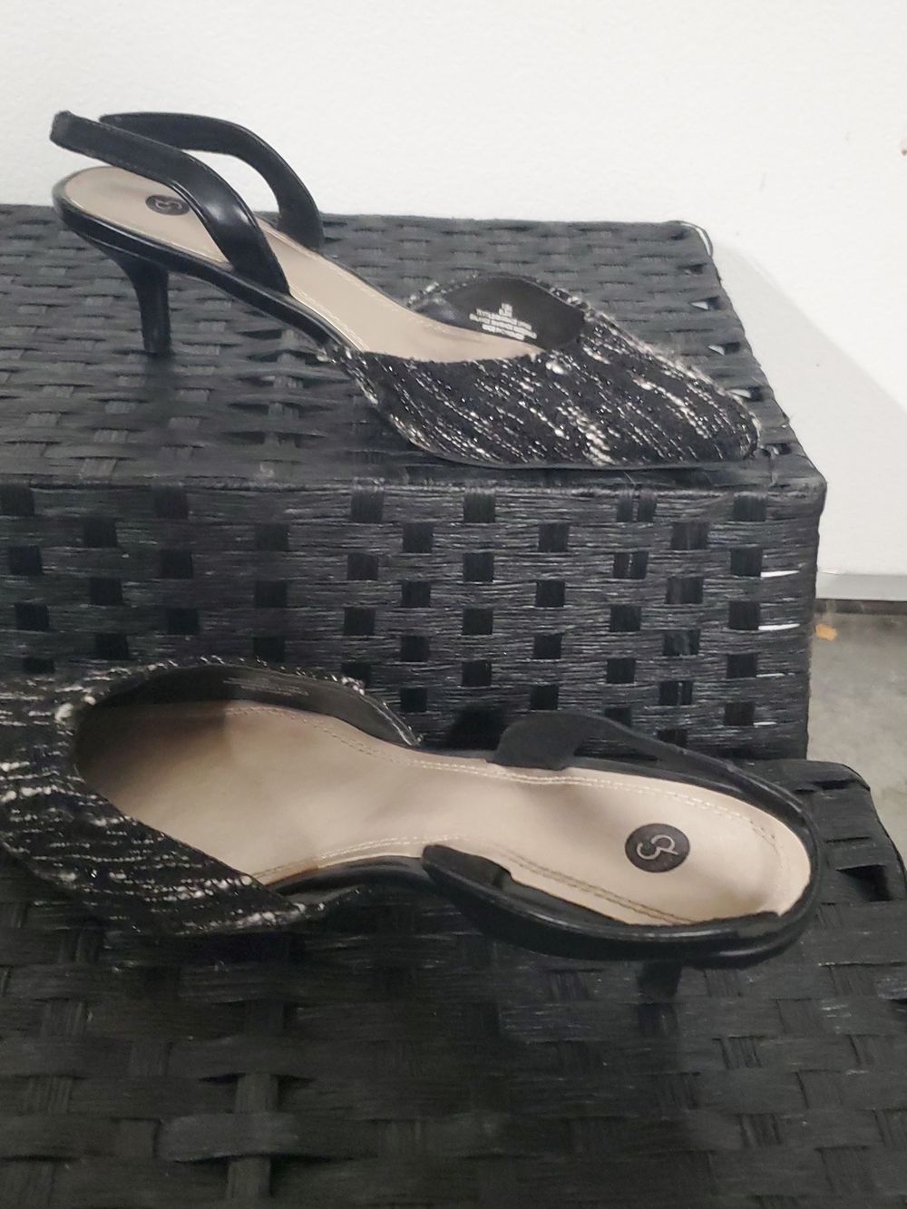 Black Slingback Kitten Heel Pumps with Metallic Threading